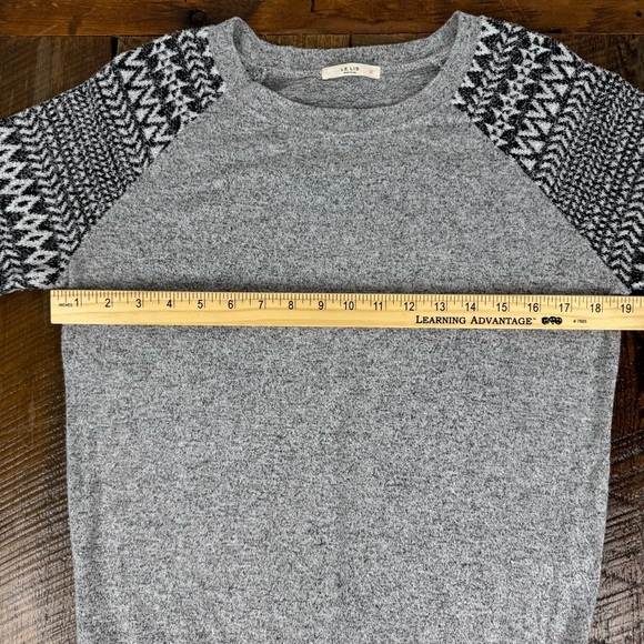 Gray Knit Sweater w/ Black White Pattern Sleeves | Cozy Casual Pullover Top - Picture 5 of 9